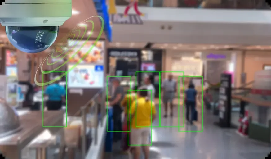 Dome CCTV camera watching a busy store with detection boxes around shoppers
