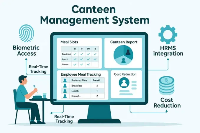 Diagram of a canteen management system connecting biometric access, meal slots, employee meal tracking, HRMS integration and cost reports