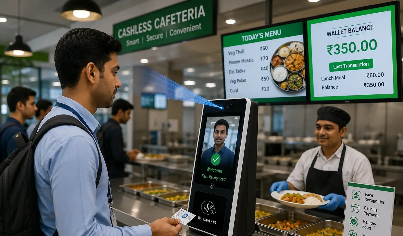 Illustration: employee checking in at a face-recognition terminal beside a cashless cafeteria counter with wallet balance display