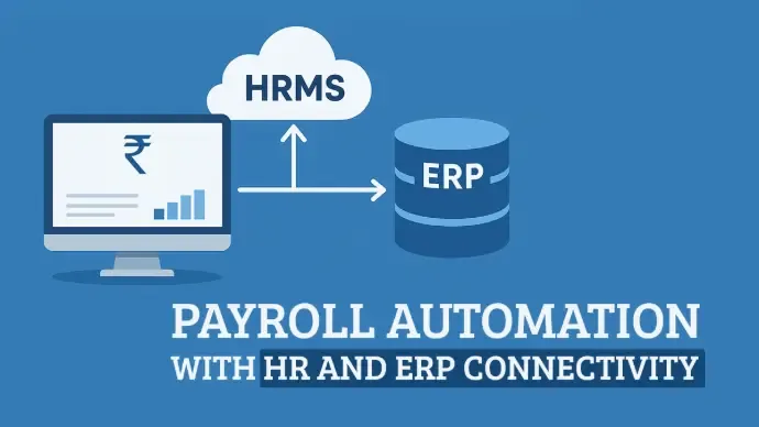 Graphic showing payroll automation with HRMS and ERP connectivity