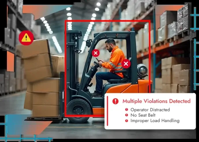 Illustration: forklift operator flagged by AI for being distracted, not wearing a seat belt and improper load handling