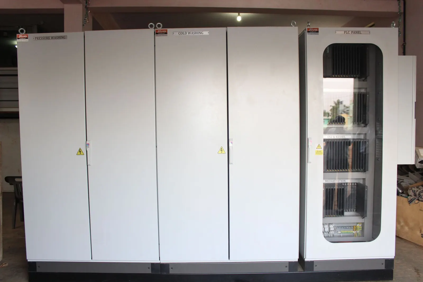 Line-up of floor-standing electrical control panels