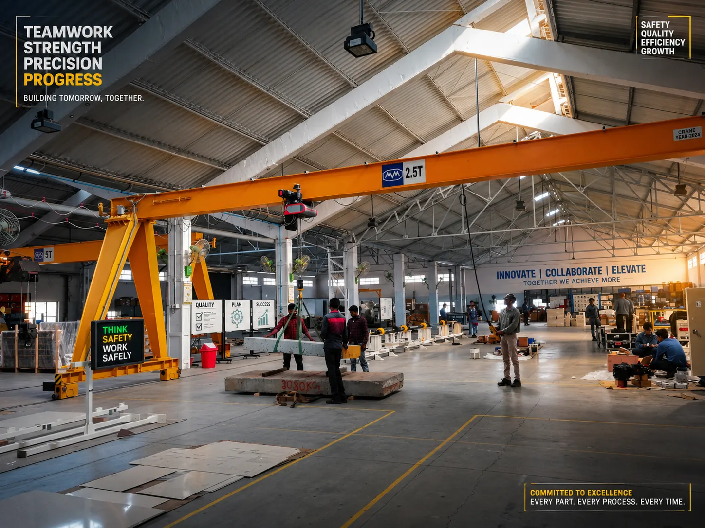 Orange 2.5-tonne gantry crane over an assembly floor with workers