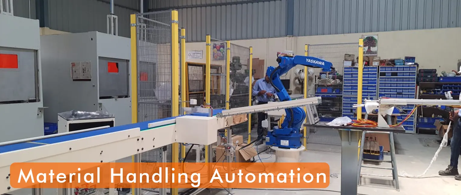 Robot arm beside a conveyor in a material handling cell