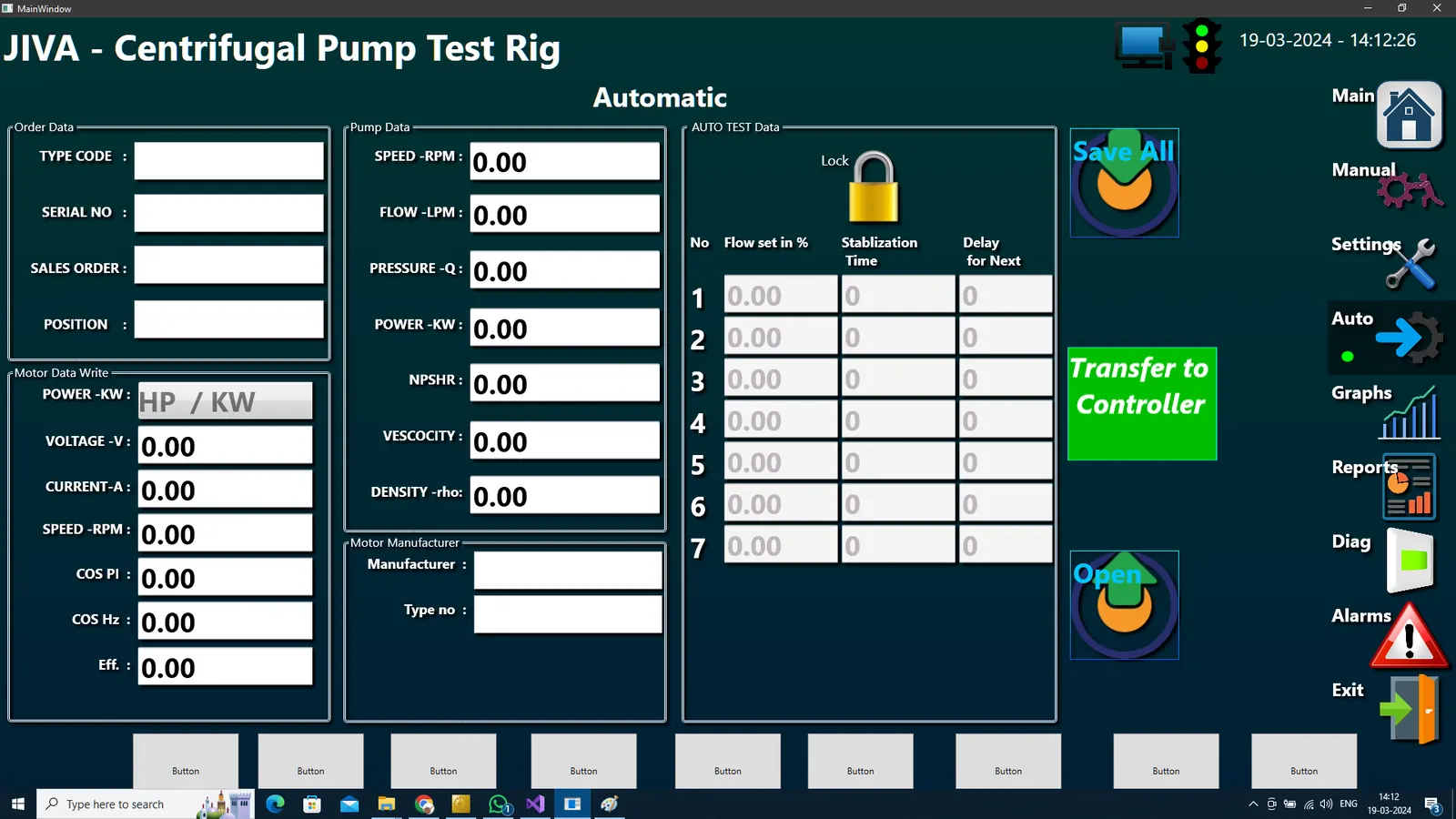 Touchscreen software of the JIVA centrifugal pump test rig in automatic mode