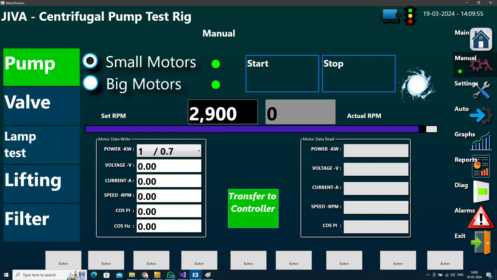 Touchscreen software of the JIVA centrifugal pump test rig in manual mode