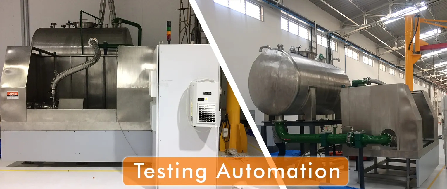 Stainless steel industrial test machines on a factory floor