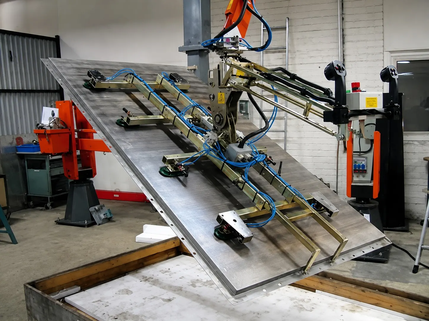 Manipulator with a vacuum lifting frame tilting a large metal sheet