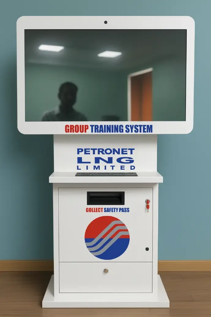 White Group Training System kiosk branded Petronet LNG Limited with a Collect Safety Pass slot