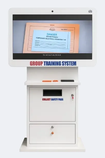Group Training System kiosk displaying a Danger, Do Not Touch safety tag training slide