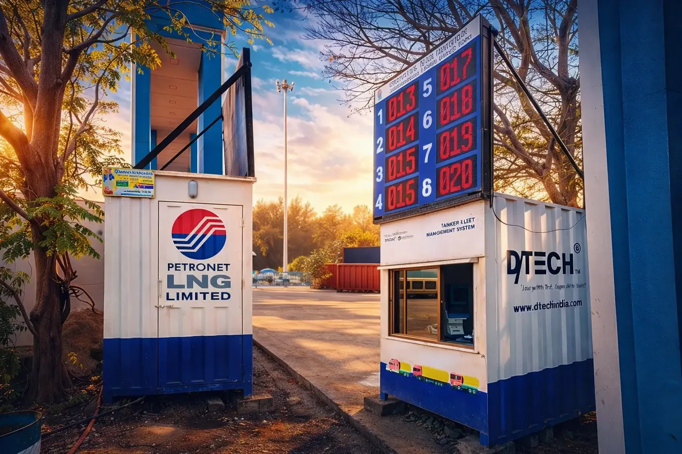 Two TFMS cabins at a terminal entry, one branded Petronet LNG and one D-TECH with an LED token board